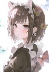 Rule 34 | 1girl, animal ears, apron, black dress, bloom, blue butterfly, blurry, blush, bow, brown eyes, bug, butterfly, commentary, depth of field, dress, fake animal ears, frilled apron, frilled hairband, frills, fymrie, hair bow, hairband, highres, insect, juliet sleeves, long sleeves, looking at viewer, looking back, maid, maid headdress, parted lips, project sekai, puffy sleeves, red butterfly, shinonome ena, short hair, sidelocks, solo, swept bangs, white apron, white bow, yellow butterfly