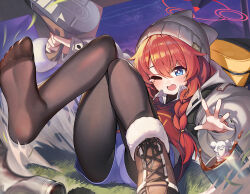 Rule 34 | 1girl, beanie, black pantyhose, blue archive, blue eyes, blush, boots, brown footwear, brown shirt, cooking pot, curry, feet, food, grass, grey hat, grey jacket, grey shorts, halo, hat, hutosutoro, jacket, knees together feet apart, knees up, legs, long hair, long sleeves, maki (blue archive), maki (camp) (blue archive), nazomaki (blue archive), no shoes, official alternate costume, official alternate hairstyle, one eye closed, open clothes, open jacket, open mouth, pantyhose, red hair, red halo, shirt, shorts, single boot, soles, solo, toes, twintails, white shirt