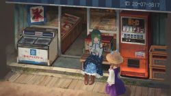 Rule 34 | 2girls, antenna hair, bad id, bad pixiv id, bare shoulders, bench, blonde hair, blue skirt, boots, brown footwear, brown headwear, commentary request, convenience store, cowboy shot, cross-laced footwear, detached sleeves, dress, food, frog hair ornament, green eyes, green hair, hair ornament, hair tubes, highres, holding, holding food, kochiya sanae, kooribata, lace-up boots, long hair, long skirt, long sleeves, looking at another, mikado (winters), moriya suwako, multiple girls, outdoors, partially translated, petticoat, purple dress, ribbon-trimmed sleeves, ribbon trim, shadow, shaved ice, shop, short dress, sidelocks, sitting, skirt, smile, snake hair ornament, soda, touhou, translation request, vending machine, wide sleeves, window