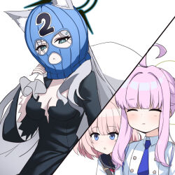 Rule 34 | 2koma, 3girls, animal ear fluff, animal ears, balaclava, black dress, blue archive, blue eyes, blunt bangs, breasts, broken halo, cleavage, comic, commentary request, dress, fox ears, fox girl, grey hair, hair between eyes, hair bun, halo, holding, holding sack, kaya (blue archive), long hair, long sleeves, looking at another, medium breasts, mismatched pupils, multiple girls, necktie, niko (blue archive), numbered, o (rakkasei), parted lips, pink hair, robbery, sack, school uniform, serafuku, shiroko (blue archive), shiroko terror (blue archive), short hair, shoulder strap, sidelocks, silent comic, simple background, single hair bun, white background, wide sleeves, wolf ears, wolf girl