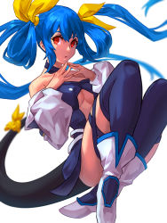 Rule 34 | 1girl, bare shoulders, belt, black thighhighs, blue hair, boots, breasts, center opening, choker, cleavage, collarbone, crossed legs, dizzy (guilty gear), fetal position, fingers together, floating, floating hair, guilty gear, guilty gear x, guilty gear xx, hair ribbon, high heels, highres, large breasts, long hair, long sleeves, looking at viewer, low twintails, monster girl, no wings, open mouth, puffy long sleeves, puffy sleeves, red eyes, ribbon, shaded face, simple background, solo, tail, tail ornament, tail ribbon, thigh strap, thighhighs, thighs, twintails, ura dora, white background, yellow eyes, yellow ribbon