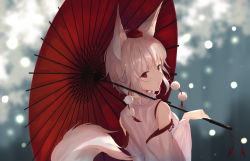 Rule 34 | 1girl, animal ear fluff, animal ears, bare shoulders, blurry, blurry background, closed mouth, commentary, depth of field, detached sleeves, from behind, hat, highres, holding, holding umbrella, inubashiri momiji, long sleeves, looking at viewer, looking back, oil-paper umbrella, outdoors, pom pom (clothes), red eyes, red hat, short hair, silver hair, solo, tail, tassel, tokin hat, touhou, umbrella, upper body, wide sleeves, wolf ears, wolf girl, wolf tail, yukitourou