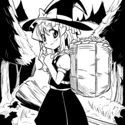 Rule 34 | 1girl, female focus, forest, greyscale, hat, kirisame marisa, lowres, maxgonta, monochrome, nature, outdoors, plant, skirt, solo, touhou, witch, witch hat