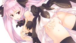 Rule 34 | 1girl, :o, ass, ass grab, black thighhighs, breasts, cleavage, dress, dungeon travelers 2, game cg, lilian craper, long hair, looking at viewer, looking back, official art, panties, pink hair, solo, sumaki shungo, thighhighs, transparent background, underwear, white panties