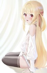 Rule 34 | 1girl, absurdres, ahoge, arm support, black thighhighs, blonde hair, blunt bangs, blush, brown dress, brown sailor collar, closed mouth, collared dress, detached sleeves, dress, flat chest, fortissimo, from side, hair ornament, hair ribbon, highres, hololive, hololive dev is, long hair, long sleeves, looking at viewer, musical note, musical note hair ornament, neck ribbon, one side up, open mouth, otonose kanade, parted bangs, plaid, plaid dress, puffy long sleeves, puffy sleeves, red eyes, red ribbon, ribbon, sailor collar, shirt, simple background, sitting, skindentation, sleeveless, sleeveless dress, smile, solo, thick thighs, thighhighs, thighs, uzuraa, virtual youtuber, white background, white shirt, yokozuwari, zettai ryouiki