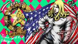 Rule 34 | 1boy, absurdres, american flag, blonde hair, checkered background, coat, funny valentine, hands on own hips, highres, jojo no kimyou na bouken, looking at viewer, pumpkinman, shirt, solo, steel ball run, white coat, white shirt