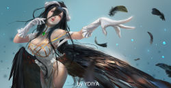 Rule 34 | 1girl, albedo (overlord), bare shoulders, black feathers, black hair, black wings, breasts, cleavage, demon girl, demon horns, demon wings, detached collar, dress, falling feathers, fangs, feathered wings, feathers, frills, gloves, hair between eyes, highres, hip vent, horns, large breasts, long hair, low wings, open mouth, overlord (maruyama), slit pupils, solo, thighs, white dress, white gloves, wings, ydiya, yellow eyes
