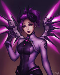 Rule 34 | 1girl, artist name, bodysuit, breasts, closed mouth, dark persona, demon horns, demon wings, emblem, eyelashes, facial mark, forehead mark, glowing, glowing wings, highres, horns, imp mercy, jewelry, lily santos, looking at viewer, mechanical wings, medium breasts, mercy (overwatch), official alternate costume, overwatch, overwatch 1, polearm, ponytail, purple eyes, purple hair, purple wings, solo, trident, upper body, weapon, wings