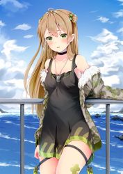 Rule 34 | 1girl, against railing, ahoge, bad id, bad pixiv id, bare shoulders, black choker, blue sky, blush, bow, breasts, brown hair, camouflage, camouflage jacket, choker, cloud, collarbone, day, dog tags, double bun, dress, fur trim, girls&#039; frontline, green eyes, hair between eyes, hair bow, hair bun, jacket, jewelry, leaning against railing, long hair, looking at viewer, medium breasts, meiji (gldm-meiji), necklace, ocean, off shoulder, open mouth, outdoors, railing, rfb (girls&#039; frontline), sidelocks, sky, solo, strap, thigh strap, thighs, waves