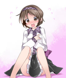 Rule 34 | 1girl, bare legs, blush, brown eyes, brown hair, commentary request, hairband, hammer (sunset beach), open mouth, short hair, skirt, solo, touhou, tsukumo yatsuhashi
