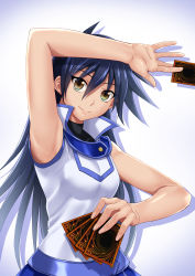 Rule 34 | 1girl, absurdres, arm up, armpits, bare shoulders, black shirt, blue hair, blue skirt, breasts, card, commentary request, duel academy uniform (yu-gi-oh! gx), hair between eyes, highres, holding, holding card, long hair, looking at viewer, medium breasts, muto dt, saotome rei, shirt, skirt, sleeveless, sleeveless shirt, smile, solo, upper body, very long hair, vest, yellow eyes, yu-gi-oh!, yu-gi-oh! gx