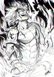 Rule 34 | 1boy, abs, chromatic aberration, garou (one-punch man), monochrome, muscular, one-punch man, open mouth, pectorals