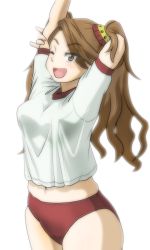 Rule 34 | 10s, 1girl, ;d, breasts, brown eyes, brown hair, buruma, cowboy shot, curvy, female focus, gundam, gundam build fighters, gundam build fighters try, gym uniform, hair ornament, knives (knives777), long hair, long twintails, midriff, navel, one eye closed, open mouth, sazaki kaoruko, shirt, simple background, smile, solo, standing, stretching, twintails, uniform, white background, wink