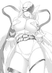 Rule 34 | 1girl, :o, angel wings, angewomon, asymmetrical clothes, belt, blush, breasts, breasts out, buckle, cleavage, collarbone, covered eyes, covering privates, covering breasts, cowboy shot, digimon, digimon (creature), digimon adventure, female pubic hair, gluteal fold, greyscale, hagoromo, hakai shin, head wings, helmet, huge breasts, lips, long hair, monochrome, multiple wings, navel, o-ring, pubic hair, pubic hair peek, revealing clothes, shawl, simple background, skindentation, solo, thigh strap, white background, wings, wrist wings, zipper