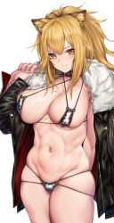 Rule 34 | 1girl, abs, alternate costume, animal ears, arknights, bikini, black bikini, black jacket, black nails, blonde hair, blush, breasts, cameltoe, choker, cleavage, closed mouth, cowboy shot, fur-trimmed jacket, fur trim, groin, haihai (skeleton), highres, jacket, large breasts, lion ears, long hair, looking at viewer, micro bikini, mole, mole on breast, nail polish, navel, outie navel, outie navel, ponytail, siege (arknights), simple background, skindentation, solo, strap pull, string bikini, swimsuit, thighs, white background, yellow eyes