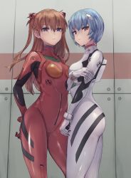 Rule 34 | 2girls, arm behind back, ass, ayanami rei, blue eyes, blue hair, bodysuit, breasts, brown hair, closed mouth, commentary request, curvy, eyelashes, from below, hair between eyes, hair ornament, hand on own arm, highres, long hair, looking at viewer, moshoko (mizuneroku), multiple girls, neon genesis evangelion, plugsuit, purple eyes, red bodysuit, red eyes, shiny clothes, short hair, souryuu asuka langley, standing, turtleneck, twintails, upper body, white bodysuit, wide hips