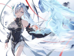 Rule 34 | 1girl, bare shoulders, black dress, black sleeves, blue eyes, blue hair, commentary request, cowboy shot, detached sleeves, dress, genshin impact, ghost, hair over one eye, hand up, highres, light blue hair, long hair, looking at viewer, low-tied long hair, nogi (nokisaki), official alternate costume, open mouth, shenhe (frostflower dew) (genshin impact), shenhe (genshin impact), sleeveless, sleeveless dress, smile, solo, standing, very long hair, white nails