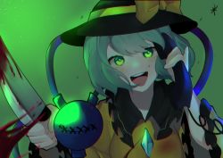 Rule 34 | 1girl, :d, black hat, blood, bloody knife, blouse, bow, breasts, chromatic aberration, eyeball, eyebrows hidden by hair, frilled shirt collar, frills, gradient background, green background, green eyes, green hair, hat, hat bow, hat ribbon, highres, holding, holding knife, holding phone, knife, komeiji koishi, light blush, long sleeves, looking at viewer, majime joe, medium breasts, open mouth, phone, ribbon, round teeth, shirt, short hair, signature, simple background, smile, solo, swept bangs, teeth, third eye, touhou, upper teeth only, wide sleeves, yellow bow, yellow shirt