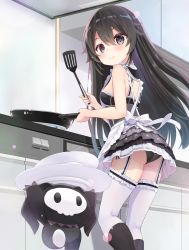 Rule 34 | 1girl, 1other, apron, ass, black dress, black eyes, black footwear, black hair, black panties, blush, boots, breasts, character request, cooking, copyright request, dress, frying pan, garter straps, highres, holding, holding frying pan, indoors, kitchen, knee boots, long hair, looking back, panties, plate, short dress, side-tie panties, sleeveless, sleeveless dress, small breasts, smile, spatula, stove, stuffed toy, tenjou ryuka, thighhighs, thighs, underwear, virtual youtuber, white apron, white thighhighs