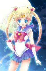 Rule 34 | 1girl, :d, bad id, bad pixiv id, bishoujo senshi sailor moon, blonde hair, blue eyes, blue sailor collar, bow, choker, circlet, double bun, elbow gloves, forehead jewel, gloves, hair bun, hair ornament, koge donbo, long hair, looking at viewer, magical girl, open mouth, pleated skirt, red bow, sailor collar, sailor moon, skirt, smile, solo, tsukino usagi, twintails, very long hair, white gloves