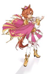 Rule 34 | 1girl, animal ears, armor, asymmetrical bangs, boots, breasts, cape, corset, crown, fingerless gloves, full body, gloves, highres, holding own arm, horse ears, horse girl, horse tail, jewelry, long sleeves, looking at viewer, mini crown, multiple rings, nanaheibei 3, orange hair, parted lips, pink cape, purple eyes, ring, shadow, shirt, short hair, shoulder armor, simple background, single glove, skirt, small breasts, smirk, solo, standing, t.m. opera o (umamusume), tail, thighhighs, umamusume, white background, white gloves, white shirt, white thighhighs, yellow footwear