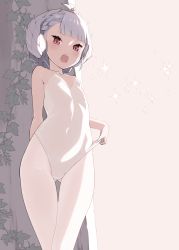 Rule 34 | 1girl, bane (haibanemumi), bare shoulders, braid, covered navel, cowboy shot, flat chest, gluteal fold, highres, leotard, long hair, looking at viewer, open mouth, original, pantyhose, plant, red eyes, silver hair, single braid, solo, standing, vines, white leotard, white pantyhose