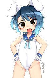 Rule 34 | 1girl, adapted costume, animal ears, blue hair, blue neckwear, blue ribbon, blue sailor collar, brown eyes, fake animal ears, flat chest, fukae (kancolle), gradient hair, hands on own hips, highres, kantai collection, leotard, multicolored hair, nassukun, playboy bunny, rabbit ears, ribbon, sailor collar, short hair, side ponytail, sidelocks, simple background, solo, thighs, twitter username, white background, white leotard