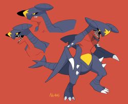 Rule 34 | black sclera, closed mouth, collarbone, colored sclera, commentary request, creatures (company), game freak, garchomp, gen 4 pokemon, jaho, nintendo, no humans, open mouth, pokedex number, pokemon, pokemon (creature), red background, sharp teeth, simple background, spikes, standing, teeth, tongue, yellow eyes
