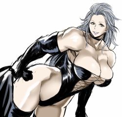Rule 34 | 1girl, bag, black gloves, black thighhighs, breasts, cleavage, dorohedoro, elbow gloves, gloves, grey hair, highres, holding, holding bag, large breasts, lips, long hair, looking at viewer, muscular, muscular female, noi (dorohedoro), pink lips, shibusun, simple background, solo, thighhighs, thighs, white background