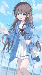 Rule 34 | 1girl, airi (band) (blue archive), airi (blue archive), bad tag, bag, blue archive, blue jacket, blue sky, bow, brown hair, cloud, day, halo, highres, jacket, long hair, long sleeves, outdoors, pleated skirt, ratto (ratto channel), shirt, shoulder bag, skirt, sky, smile, solo, tagme, waving, white shirt, white skirt