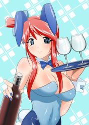 Rule 34 | 10s, 1girl, alternate color, animal ears, aqua background, bad id, bad pixiv id, bare shoulders, blue eyes, blue nails, blue pantyhose, blush, body blush, bottle, bow, bowtie, breasts, carrying, chirumakuro, cleavage, covered navel, creatures (company), cup, detached collar, drinking glass, fake animal ears, female focus, fingernails, game freak, glass, gym leader, hair ornament, hip focus, holding, large breasts, leotard, lips, long hair, long image, looking at viewer, nail polish, nintendo, pantyhose, playboy bunny, pokemon, pokemon bw, rabbit ears, rabbit tail, red hair, shiny clothes, shiny skin, side ponytail, skyla (pokemon), smile, solo, standing, tail, tall image, transparent, tray, upper body, waitress, wine glass, wrist cuffs