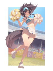 Rule 34 | 1girl, absurdres, animal ears, bare legs, bare shoulders, black hair, blue archive, blurry, blurry background, blurry foreground, blush, bow, breasts, building, cheerleader, cleavage, crop top, day, depth of field, dog ears, dog girl, dog tail, eyewear on head, full body, goggles, goggles on head, hair bow, halo, hibiki (blue archive), hibiki (cheer squad) (blue archive), highres, holding, holding pom poms, long hair, looking at viewer, medium breasts, midori xu, midriff, millennium cheerleader outfit (blue archive), miniskirt, navel, open mouth, outdoors, panties, pantyshot, pleated skirt, pom pom (cheerleading), pom poms, ponytail, shoes, skirt, sleeveless, sneakers, solo, stadium, tail, underwear, white footwear, white panties