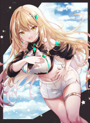 Rule 34 | 1girl, alternate costume, bare shoulders, black necktie, blonde hair, breasts, chest jewel, commentary request, core crystal (xenoblade), earrings, hair ornament, hand on own chest, highres, jewelry, large breasts, long hair, looking at viewer, midriff, mythra (xenoblade), navel, necktie, open mouth, shorts, smile, solo, stomach, thighs, ui frara, very long hair, white shorts, xenoblade chronicles (series), xenoblade chronicles 2, yellow eyes