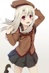 Rule 34 | 1girl, backpack, bag, beret, black footwear, black skirt, blazer, blonde hair, blush, brown hat, brown jacket, commentary request, cowboy shot, fate/kaleid liner prisma illya, fate (series), flat chest, gradient background, grey background, hand up, hat, highres, holding, holding clothes, holding hat, homurahara academy school uniform, illyasviel von einzbern, jacket, leg up, long hair, long sleeves, looking at viewer, neck ribbon, open mouth, pleated skirt, red eyes, red ribbon, ribbon, sakunohi c moon, school bag, school uniform, shadow, shoes, skirt, smile, solo, standing, standing on one leg, white background, white legwear, wing collar