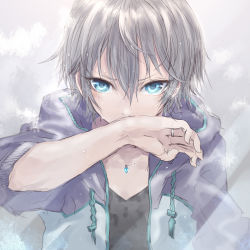 Rule 34 | 1girl, anastasia (idolmaster), black shirt, blue eyes, commentary request, hair between eyes, idolmaster, idolmaster cinderella girls, jacket, jewelry, looking at viewer, necklace, ring, shirt, short hair, silver hair, sleeves rolled up, solo, track jacket, upper body, wiping mouth, yukimochi (yume)