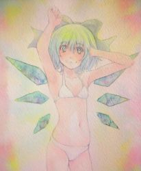 Rule 34 | 1girl, :3, acrylic paint (medium), arms up, bikini, blue eyes, blue hair, bow, cirno, collarbone, flat chest, graphite (medium), hair bow, hand in own hair, highres, ice, ice wings, matching hair/eyes, navel, painting (medium), short hair, simple background, smile, solo, swimsuit, touhou, traditional media, watercolor (medium), white bikini, wings, yuyu (00365676)