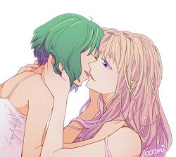 Rule 34 | 2girls, artist name, blonde hair, camisole, closed eyes, green hair, half-closed eyes, hands on another&#039;s head, hands on another&#039;s shoulders, imminent kiss, long hair, macross, macross frontier, multiple girls, nail polish, ooomi, open mouth, purple eyes, purple nails, ranka lee, sheryl nome, short hair, white camisole, yuri