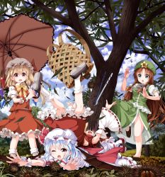 Rule 34 | 4girls, bare legs, basket, bat wings, chestnut, cloud, cloudy sky, collared shirt, day, detached sleeves, falling, fighting stance, flandre scarlet, green eyes, hakurei reimu, hat, hong meiling, long hair, mob cap, multiple girls, one eye closed, open mouth, outdoors, parasol, puffy short sleeves, puffy sleeves, red eyes, remilia scarlet, ruu (tksymkw), shirt, shoes, short hair, short sleeves, sky, socks, star (symbol), touhou, tree, umbrella, wide sleeves, wings, wrist cuffs