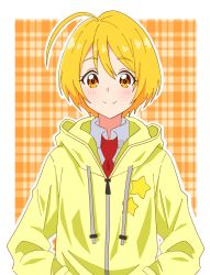 Rule 34 | 1girl, ahoge, blonde hair, blush, closed mouth, collared shirt, hair between eyes, hands in pocket, highres, hood, hood down, hooded sweater, hugtto! precure, kagayaki homare, kousuke0912, looking at viewer, necktie, orange eyes, precure, red necktie, shirt, short hair, smile, solo, split mouth, sweater, upper body, white shirt, wing collar, yellow sweater