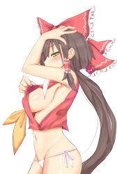 Rule 34 | 1girl, absurdres, alternate eye color, alternate hairstyle, armpits, ascot, bad id, bad pixiv id, blush, bow, breasts, brown hair, clothes lift, colored eyelashes, from side, hair bow, hair ribbon, hair tubes, hakurei reimu, highres, japanese clothes, large breasts, long hair, masuo, midriff, miko, no bra, panties, ribbon, shirt, shirt lift, side-tie panties, sideboob, sleeveless, sleeveless shirt, solo, touhou, underwear, yellow eyes