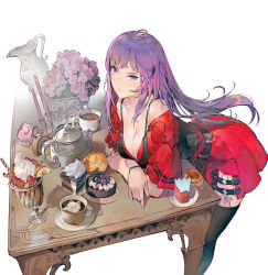 Rule 34 | 1girl, belt, black thighhighs, blue eyes, breasts, cake, cake slice, candle, cleavage, commentary, cream, cup, cupcake, dress, flower, food, fruit, gradient hair, gran saga, highres, ice cream, jug (bottle), leaning forward, long hair, looking at viewer, medium breasts, multicolored hair, onacia, orange (fruit), orange slice, parted lips, pastry, purple hair, red dress, shadow, shiny skin, short dress, simple background, solo, strawberry, sundae, table, teacup, teapot, thighhighs, zettai ryouiki