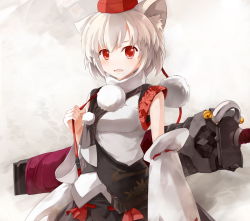 Rule 34 | 1girl, alternate weapon, animal ears, arctic, bad id, bad pixiv id, breasts, detached sleeves, embellished costume, female focus, huge weapon, inubashiri momiji, medium breasts, pom pom (clothes), red eyes, sheath, sheathed, silver hair, solo, sword, touhou, upper body, weapon, wolf ears