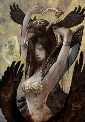 Rule 34 | 1girl, arm behind head, armlet, armpits, arms up, beak, breasts, brown hair, hair over one eye, long hair, looking at viewer, original, revealing clothes, solo, tahra, wings