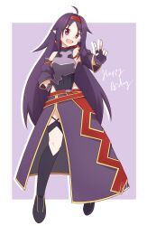Rule 34 | 1girl, :d, ahoge, armor, bare shoulders, breastplate, covered navel, fingerless gloves, full body, gloves, hairband, hand on own hip, happy birthday, highres, leotard, long hair, looking at viewer, noma272, open mouth, pointy ears, purple armor, purple gloves, purple hair, red eyes, red hairband, smile, solo, sword art online, teeth, upper teeth only, v, very long hair, yuuki (sao)