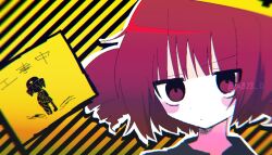 Rule 34 | 1girl, abj3 0, closed mouth, drill hair, kasane teto, looking at viewer, outline, purple eyes, red eyes, red hair, sign, solo, striped background, twin drills, twitter username, utau, watermark, white outline, yellow background