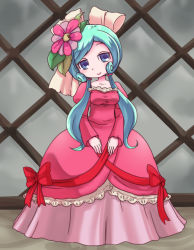 Rule 34 | 1girl, blue eyes, bow, charlotte (pop&#039;n music), collarbone, dress, flower, hair flower, hair ornament, head tilt, layered dress, long hair, looking at viewer, low twintails, nollety, pop&#039;n music, red dress, ribbon, smile, solo, standing, twintails, v arms