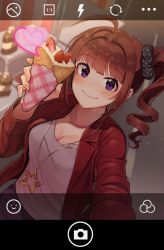 Rule 34 | 1girl, blurry, blurry background, blush, bottle, bow, breasts, brown hair, casual, cleavage, closed mouth, collarbone, commentary request, depth of field, drill hair, dutch angle, food, fruit, grey shirt, hair ornament, hair scrunchie, hand up, heart, holding, holding food, idolmaster, idolmaster million live!, jacket, jewelry, kamille (vcx68), long hair, long sleeves, looking at viewer, medium breasts, necklace, one side up, open clothes, open jacket, outdoors, outstretched arm, pendant, pink lips, polka dot, polka dot bow, purple eyes, reaching, reaching towards viewer, red jacket, scrunchie, selfie, shirt, sidelocks, smile, solo, sparkle, star (symbol), star necklace, strawberry, upper body, wrapper, yokoyama nao