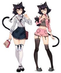 Rule 34 | 1girl, ahoge, animal ears, animal slippers, arutera, bag, black hair, black thighhighs, bloomers, blue eyes, blue shirt, blush, cat ears, cat girl, cat slippers, cat tail, choker, collarbone, full body, hair ornament, hairpin, handbag, heart, highres, holding, holding bag, jewelry, lace, lace-trimmed legwear, lace-trimmed skirt, lace trim, lingerie, long sleeves, looking at viewer, low twintails, mary janes, navel, necklace, one eye closed, open mouth, original, pocket, ribbon choker, scrunchie, shirt, shoes, short hair, simple background, skirt, slippers, smile, standing, stuffed animal, stuffed cat, stuffed toy, tail, thighhighs, twintails, underwear, white background, white thighhighs, wrist scrunchie, zettai ryouiki