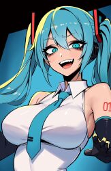 Rule 34 | 1girl, ai-assisted, aqua eyes, aqua hair, armpits, bags under eyes, black eyeliner, black eyeshadow, black gloves, blue eyes, blue hair, blue necktie, breasts, commentary, elbow gloves, eyelashes, eyeliner, eyeshadow, fang, from side, gloves, hair between eyes, hatsune miku, highres, large breasts, long hair, looking at viewer, makeup, nagainegi, necktie, open mouth, shirt, sleeveless, sleeveless shirt, smile, solo, twintails, vocaloid, white shirt