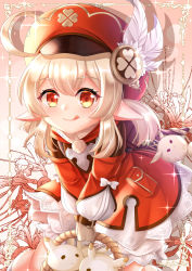Rule 34 | 1girl, :q, ahoge, basket, blush, bow, brown gloves, cabbie hat, closed mouth, commentary, dress, feathers, genshin impact, gloves, hair between eyes, hat, hat feather, highres, holding, holding basket, klee (genshin impact), light brown hair, long hair, long sleeves, looking at viewer, low twintails, pointy ears, puffy long sleeves, puffy sleeves, red dress, red eyes, red hat, smile, solo, standing, tongue, tongue out, twintails, villyane, white bow, white feathers